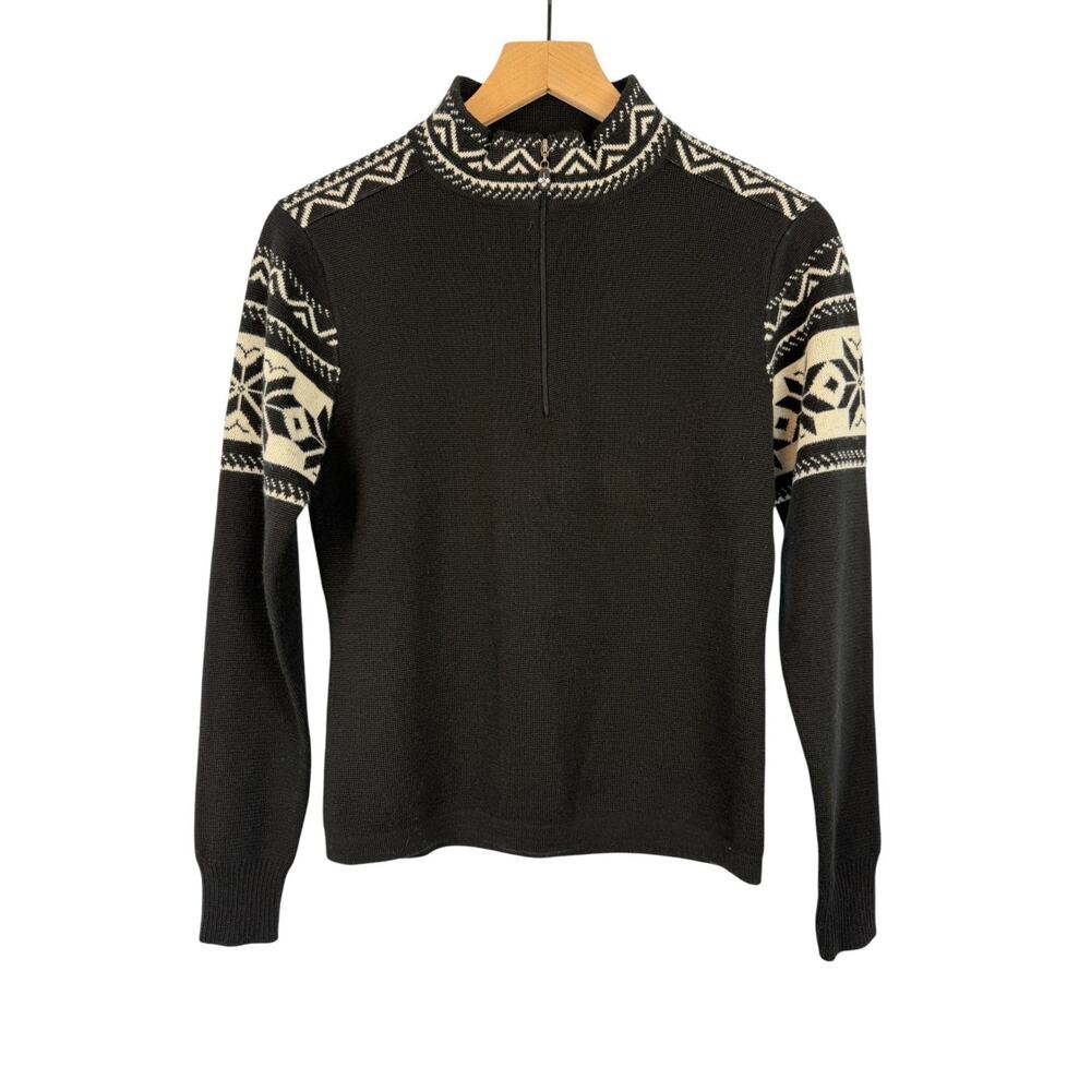 MEISTER Quarter Zip Fair Isle Wool Blend Sweater Womens Black S Ski‎ Snowflake